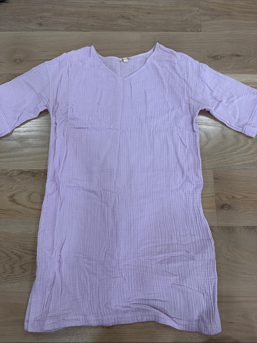 Eileen Fisher 100% Organic Cotton Crinkle Gauze V-Neck Tunic Dress Lavender S